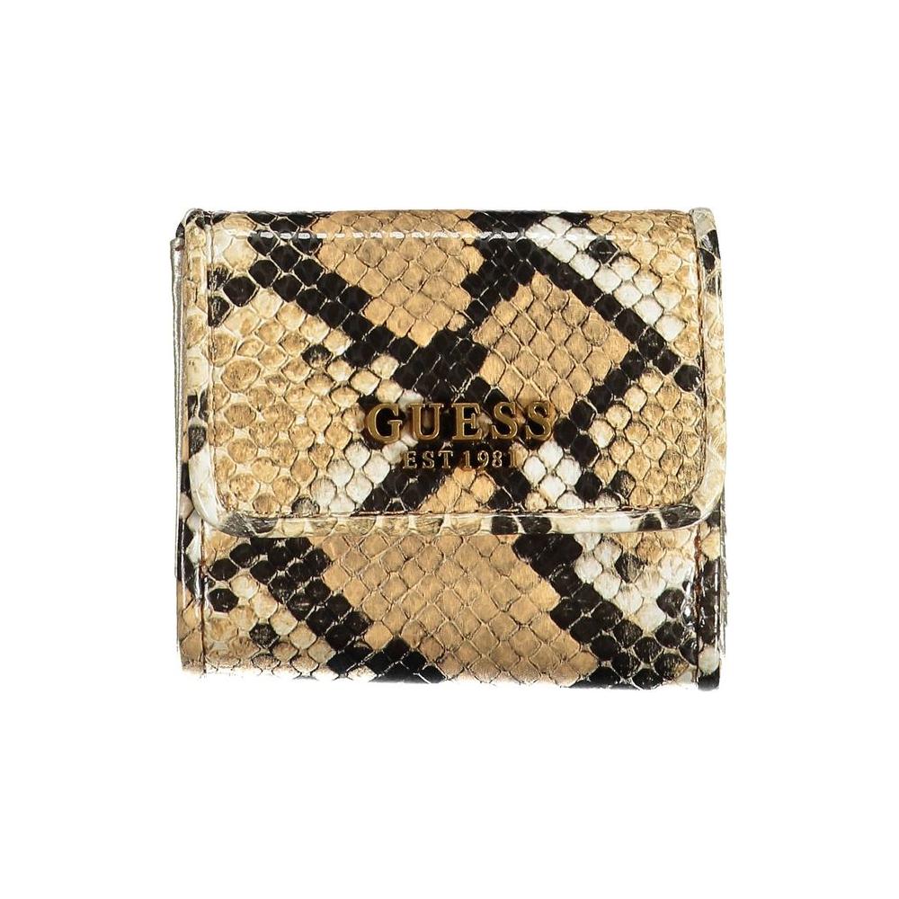 Guess Jeans beige polyethylene women's wallet with snake print, multiple compartments, and snap closure, featuring Guess logo.