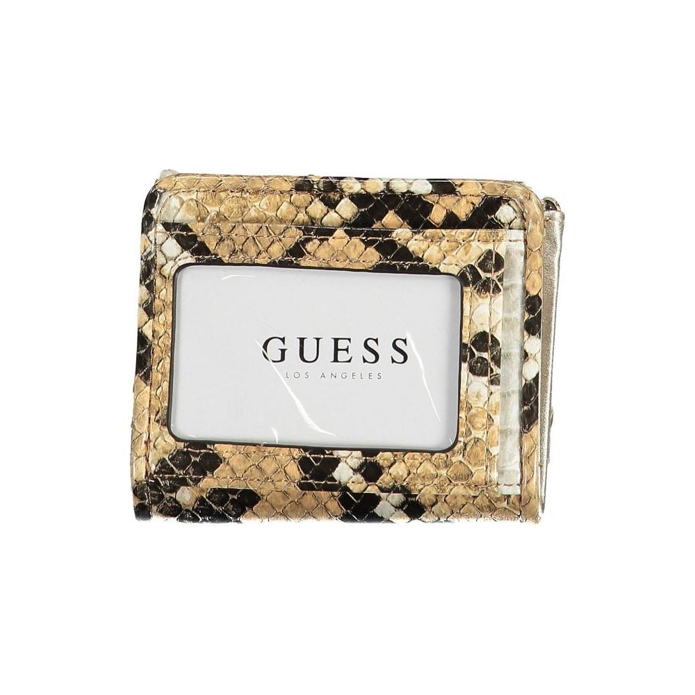 Guess Jeans beige polyethylene women's wallet with snake print design and Guess logo on display.