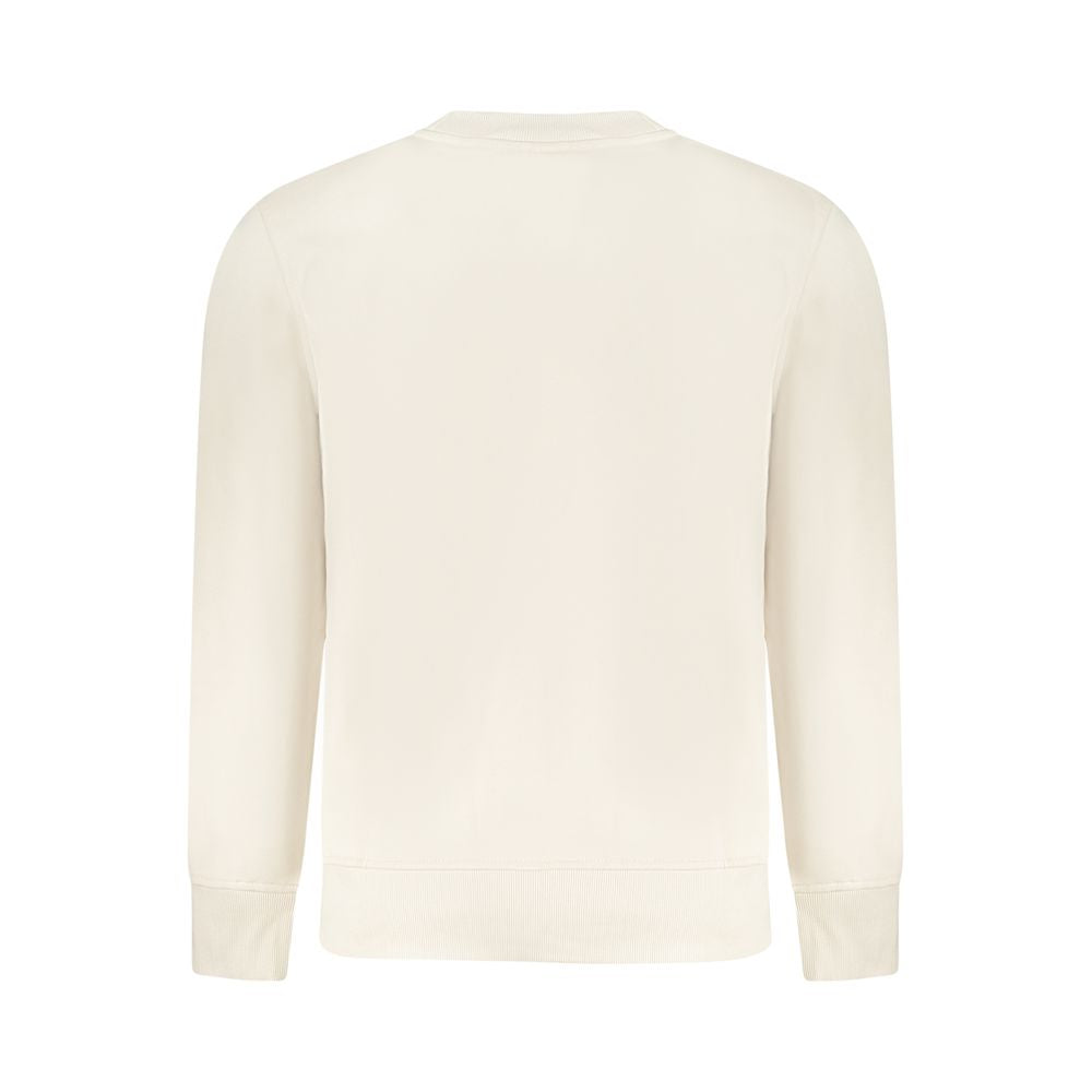 Back view of Calvin Klein beige cotton men's sweater with long sleeves and crew neck, featuring a simple and sleek design.