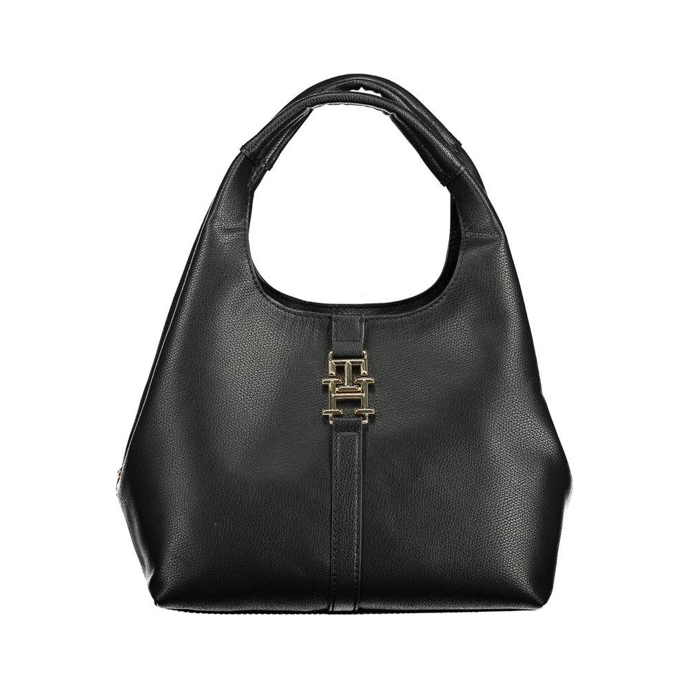 Tommy Hilfiger black polyethylene women's handbag with adjustable straps, dual handles, and secure closures, ideal for versatile styling.