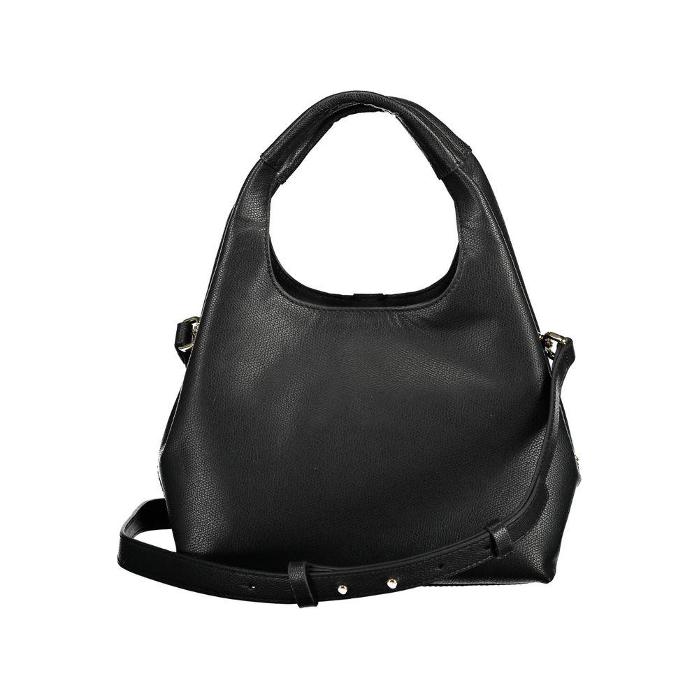 Tommy Hilfiger black polyethylene women's handbag with adjustable strap and dual clip closures, highlighting classic American fashion.