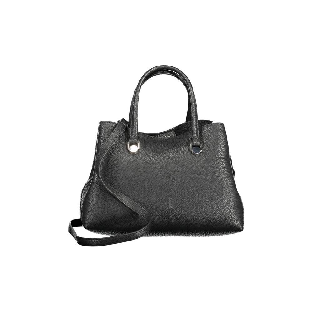 Tommy Hilfiger black polyester women's handbag with dual handles and adjustable strap, showcasing elegant design and functionality.