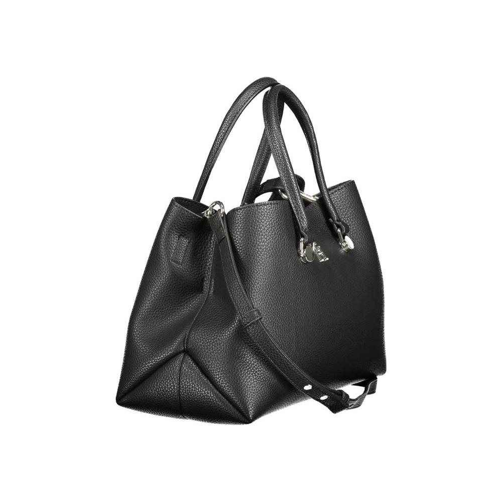 Tommy Hilfiger black polyester women's handbag with dual handles and adjustable shoulder strap, showcasing elegant design and functionality.