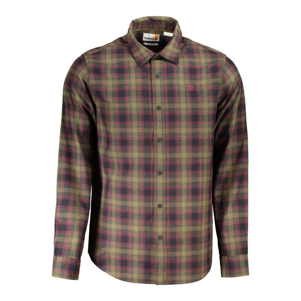 Timberland green cotton Tartan shirt with long sleeves, Italian collar, regular fit, button cuffs, and embroidered logo.