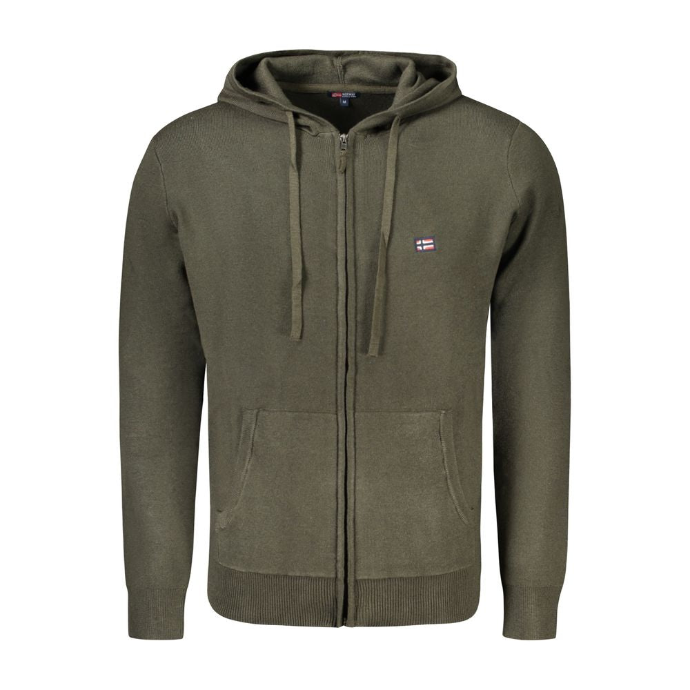 Green Norway 1963 men's cardigan with hood, long sleeves, and dual pockets, featuring a stylish embroidery logo. Perfect blend of utility and fashion.