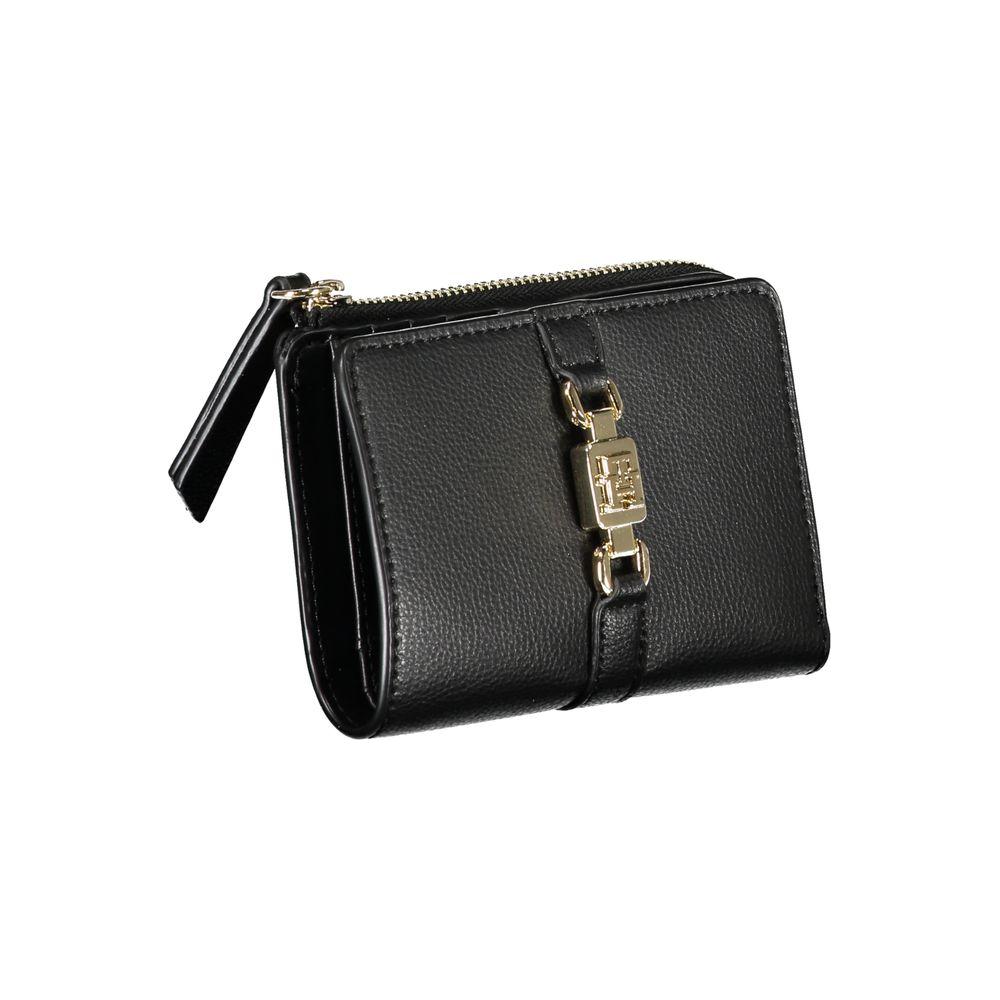 Sleek black Tommy Hilfiger zip wallet with coin purse, featuring contrasting details and sustainable recycled polyester material.