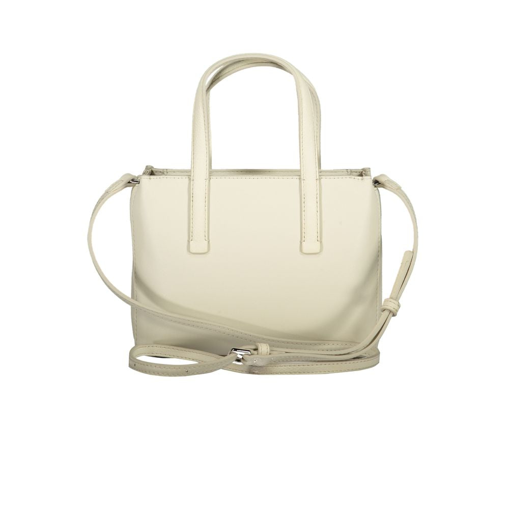 Calvin Klein beige polyester handbag with two handles, adjustable strap, internal card pocket, and zip closure.