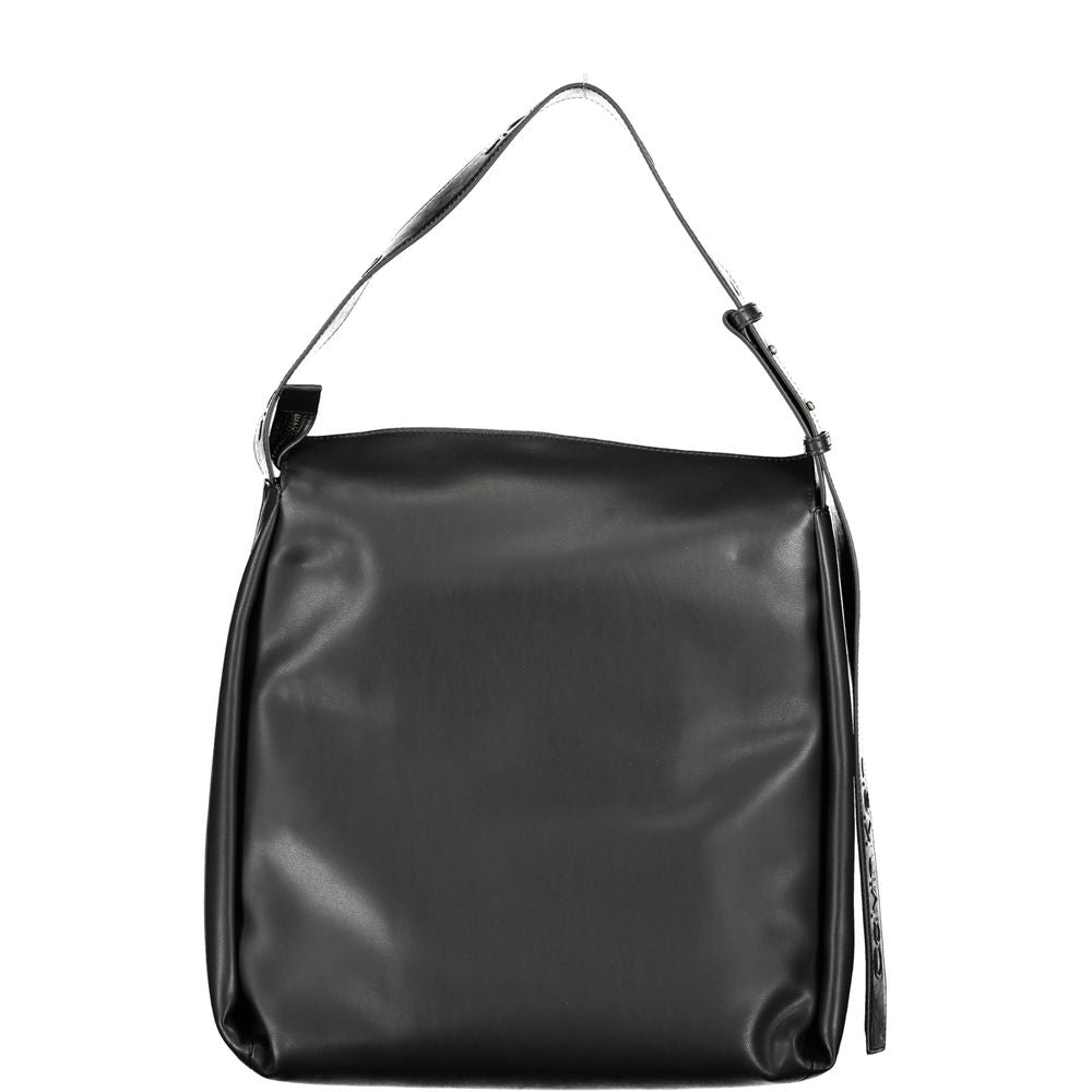 Calvin Klein black polyester handbag with adjustable shoulder handle, internal pocket, zip closure, and logo, made of recycled materials.