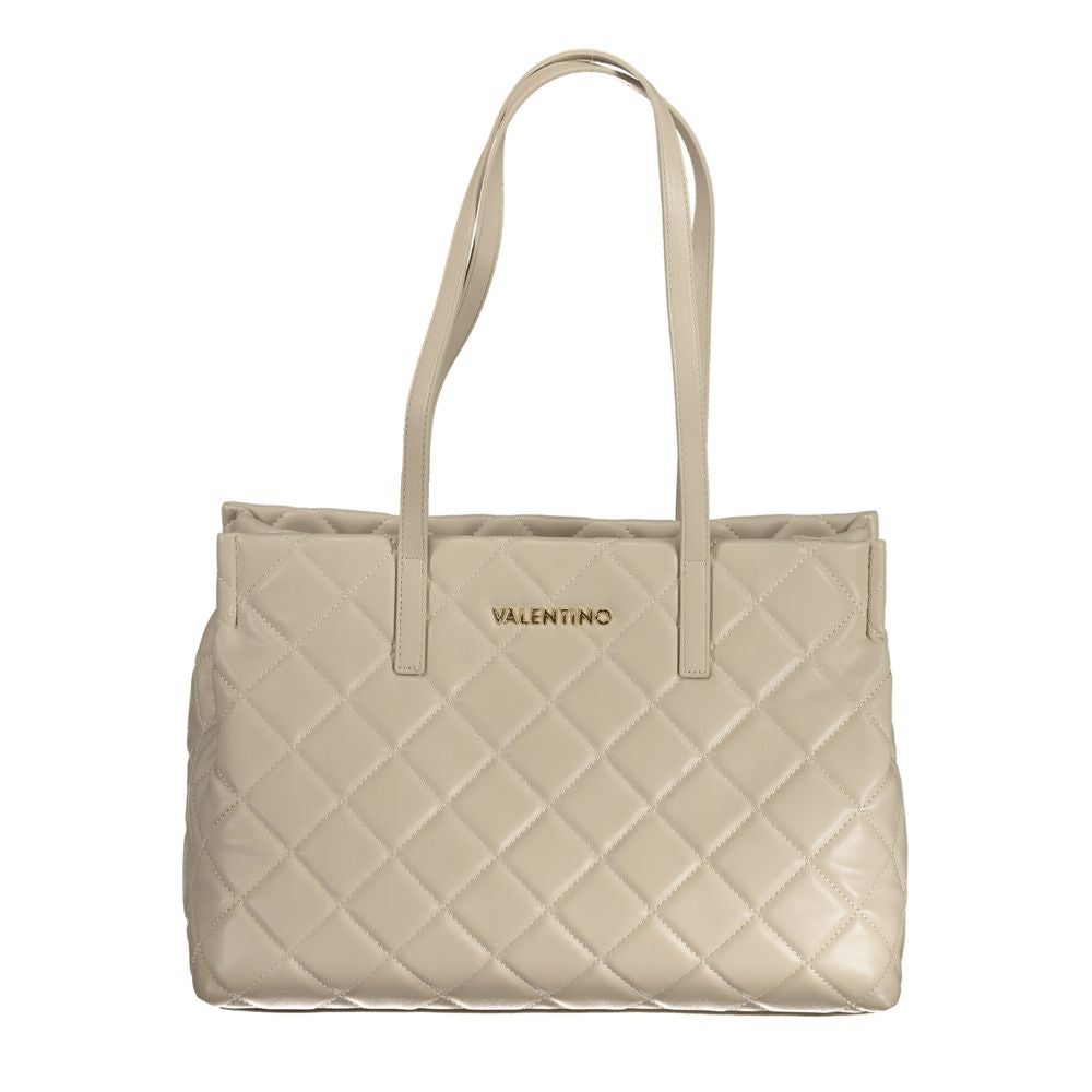 Valentino Bags beige polyethylene handbag with shoulder handles, zip closure, logo detailing, and contrasting features.