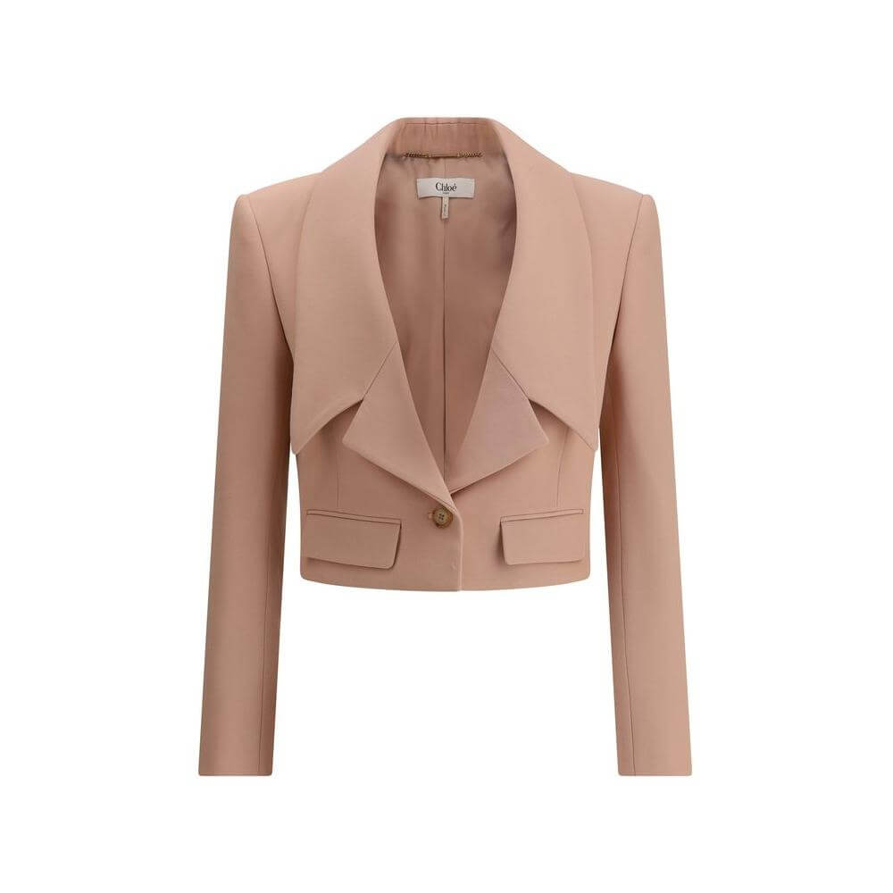 Chloé wool gabardine cropped blazer with oversized lapels, mini flap pockets, and engraved horn buttons in a modern, elegant design.
