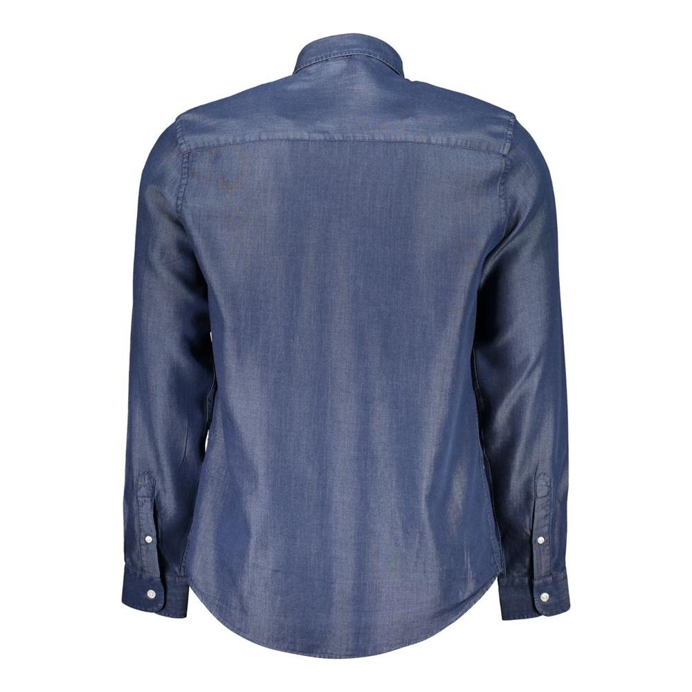 Back view of North Sails blue lyocell shirt, long-sleeved, regular fit, button-down collar, with logo embroidery and button cuffs.
