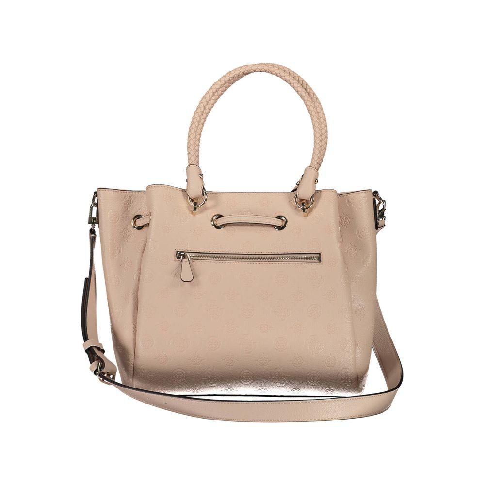 Alt Tag: "Guess Jeans pink polyethylene women handbag with braided handles, adjustable strap, and zippered pocket"