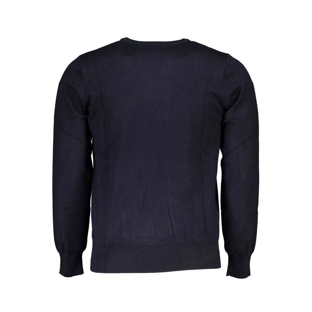 Back view of U.S. Grand Polo blue nylon long-sleeved sweater, featuring crew neck and logo embroidery.