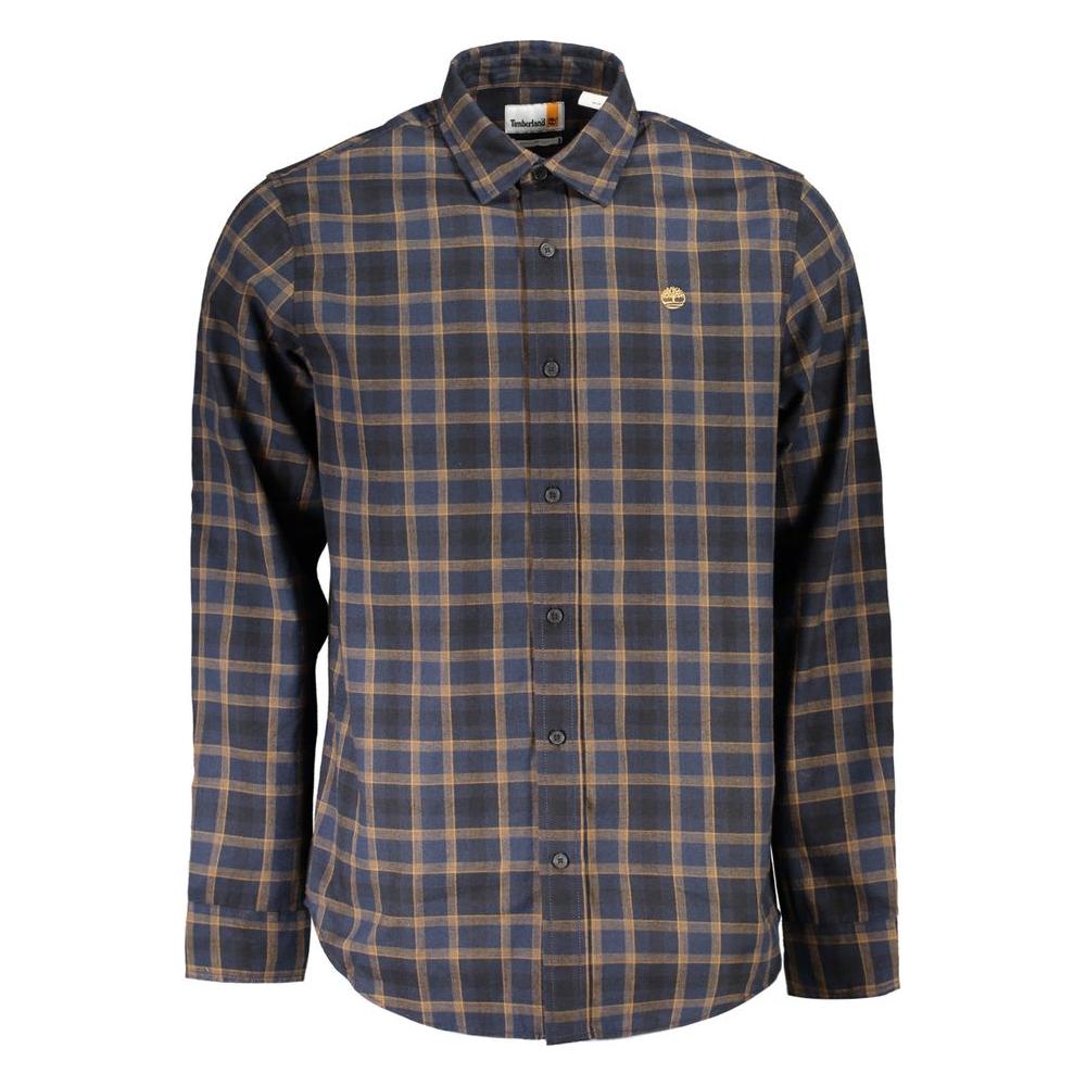 Timberland blue cotton tartan shirt with long sleeves, Italian collar, 1-button cuffs, logo embroidery, and regular fit.