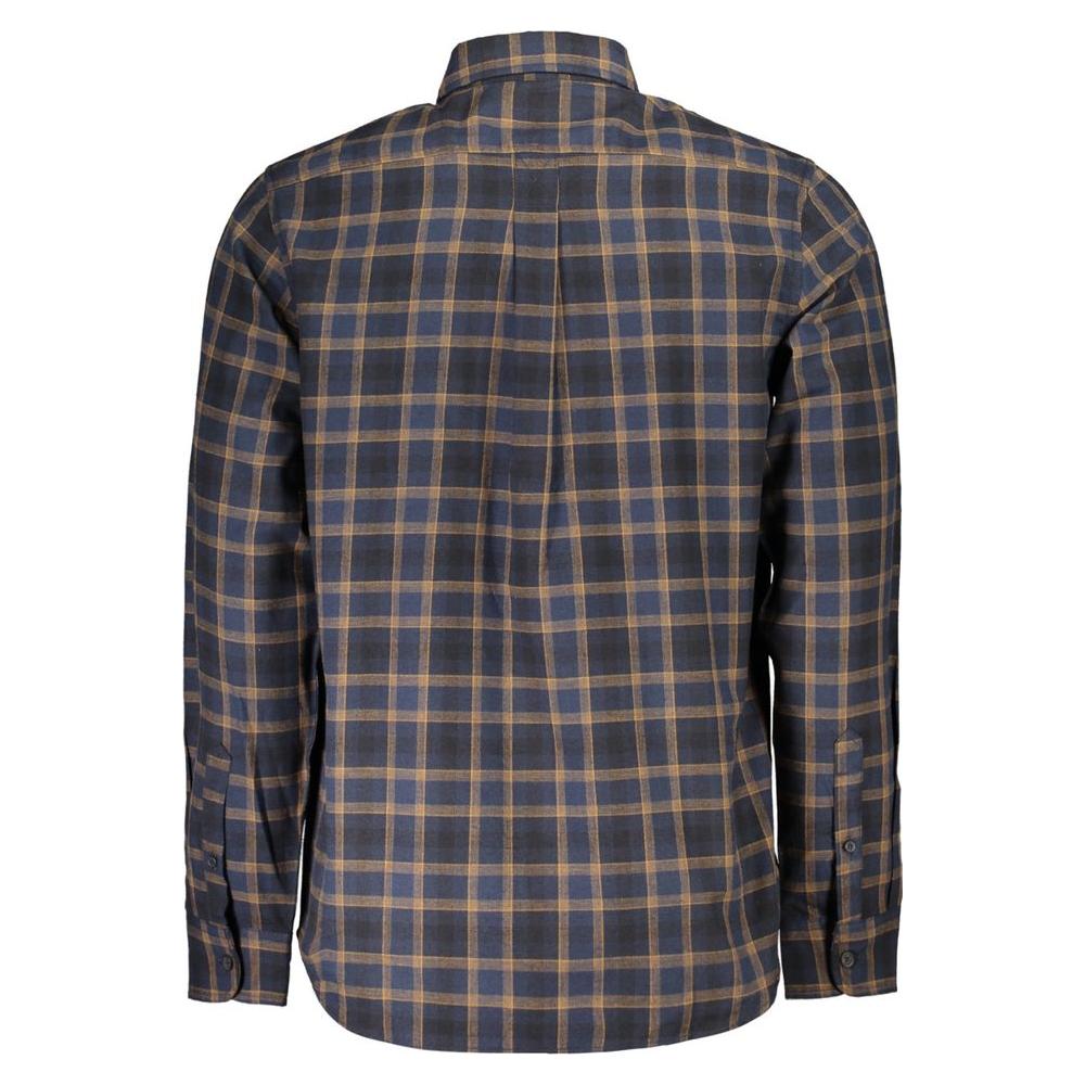 Back view of Timberland blue cotton shirt with tartan pattern, long sleeves, Italian collar, regular fit, and embroidered logo.