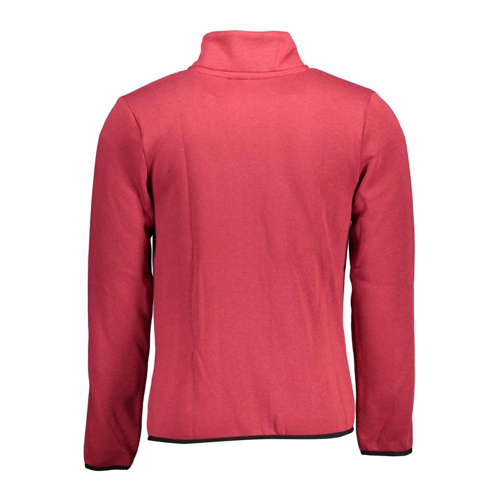 Back view of Norway 1963 red cotton sweater with long sleeves, zip, and contrasting details.