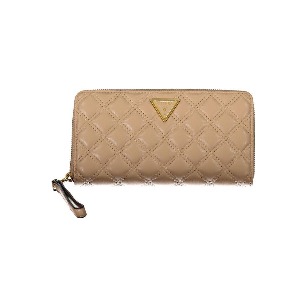 Guess Jeans beige women's polyethylene wallet with quilted design and logo, featuring card slots, coin purse, and removable puller.