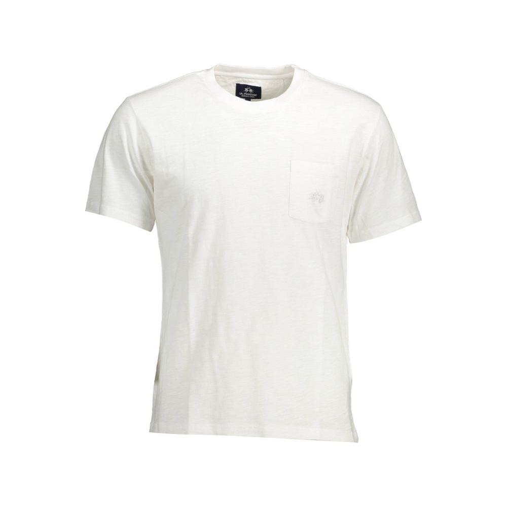 La Martina white cotton men’s t-shirt with round neck, short sleeves, and embroidered logo, perfect for stylish comfort.