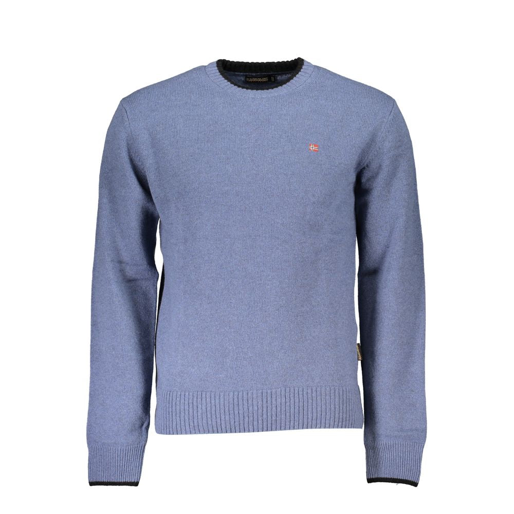 Napapijri blue fabric men's sweater with embroidered logo, featuring crew neck and contrast accents, ideal for contemporary style.