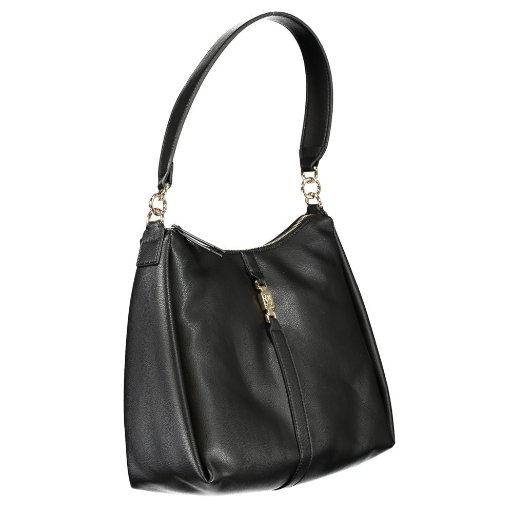 Tommy Hilfiger black polyester handbag with shoulder handle, zip closure, logo, contrast details, and internal pocket.