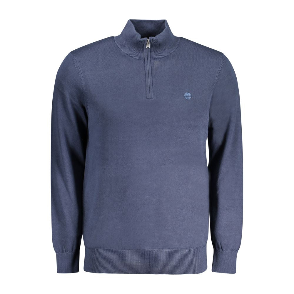 Timberland blue cotton men's sweater with half-zip closure and embroidered logo, showcasing contemporary style and high-quality craftsmanship.
