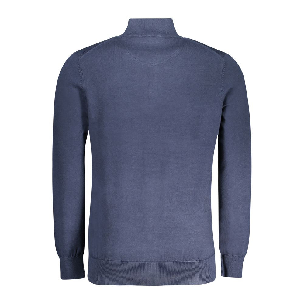 Back view of Timberland blue cotton men's sweater with long sleeves and half-zip closure