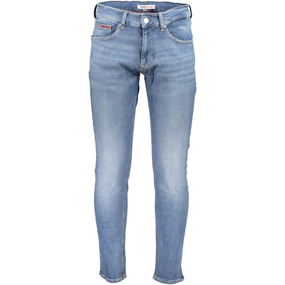 Tommy Hilfiger blue cotton jeans with 5 pocket design, Austin slim tapered fit, washed effect, and embroidered logo detailing.