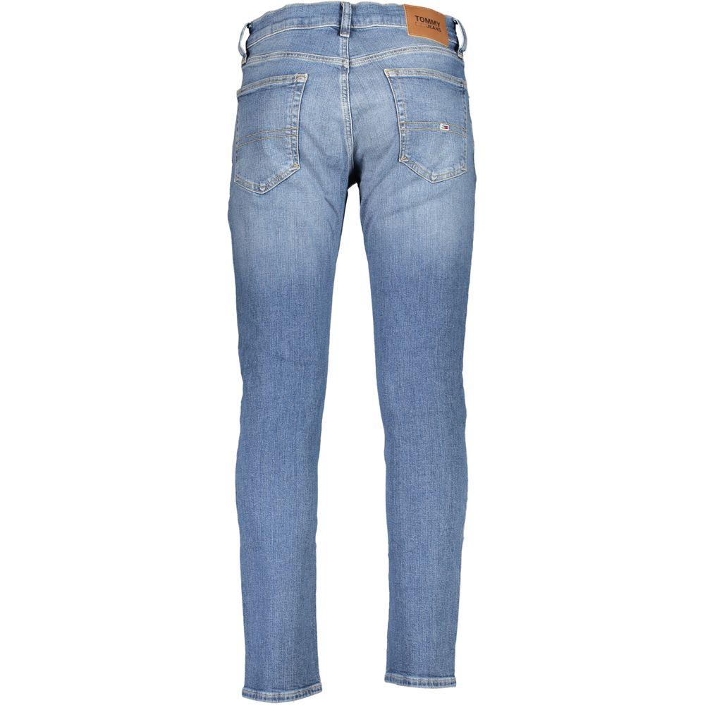 Back view of Tommy Hilfiger blue cotton jeans, slim tapered fit, featuring 5 pockets, washed effect, and logo embroidery.