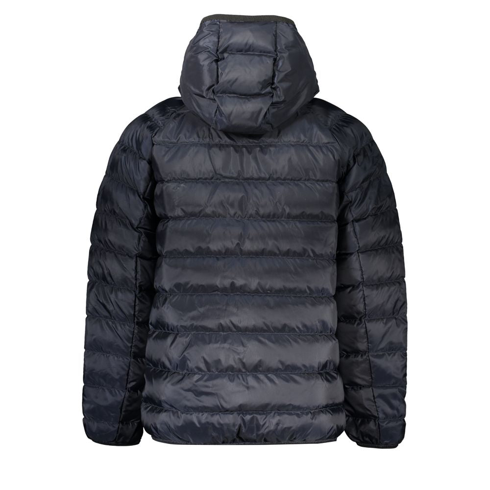Back view of Tommy Hilfiger chic blue hooded jacket made from recycled polyester, showcasing eco-friendly fashion.