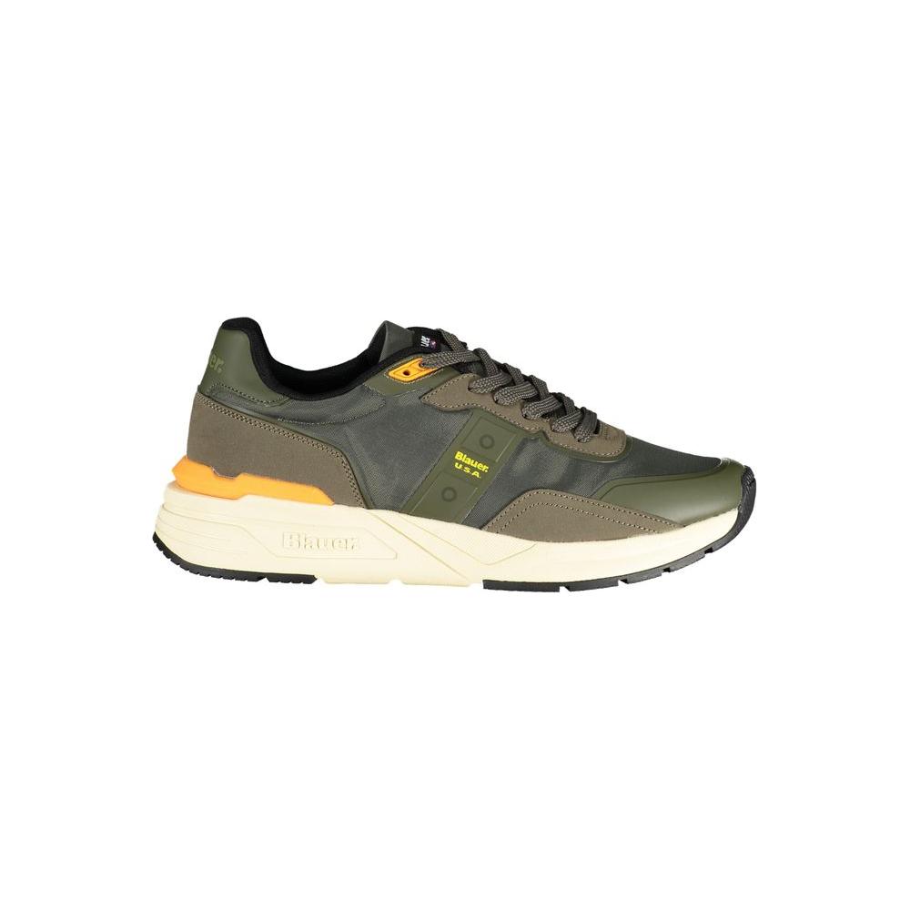 Blauer green polyester sneaker with laces, contrasting orange details, and logo application - ideal sports shoe for style and comfort.
