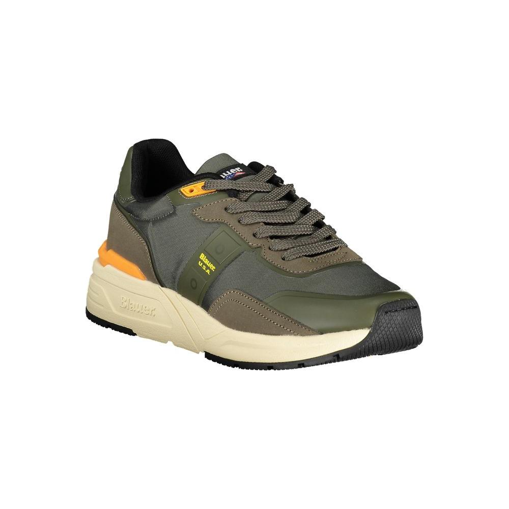 Blauer green polyester sneaker, sports shoe with laces, contrasting orange details, logo application, side view