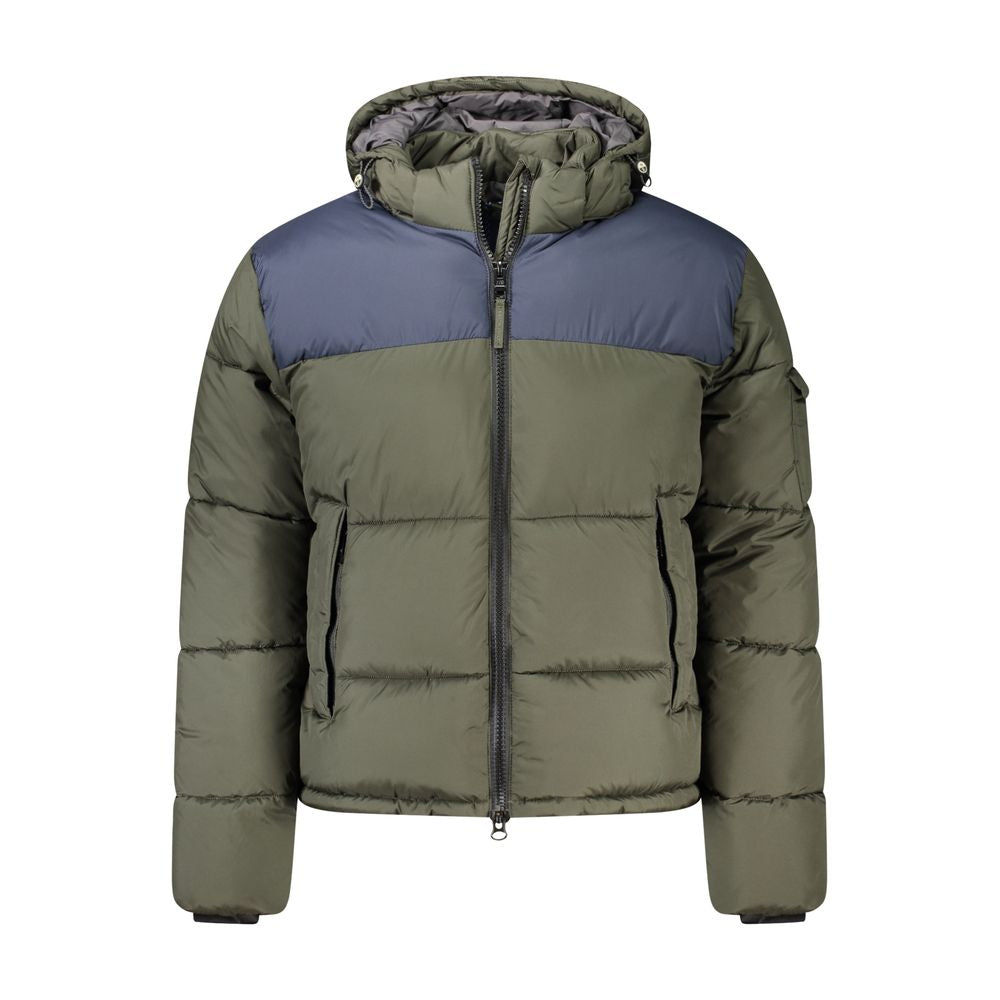 North Sails green polyester men's jacket with removable hood and multiple pockets showcasing sleek zip closure.