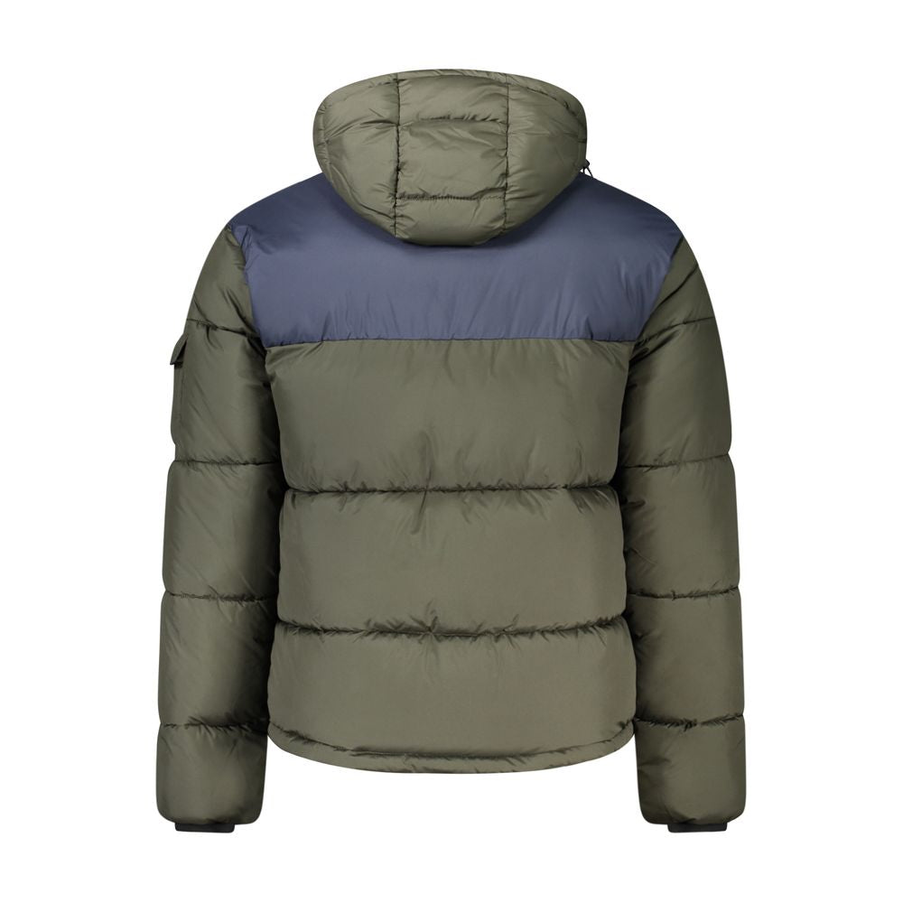 North Sails green polyester men’s jacket with removable hood and multiple pockets, featuring contrasting details and zip closure.