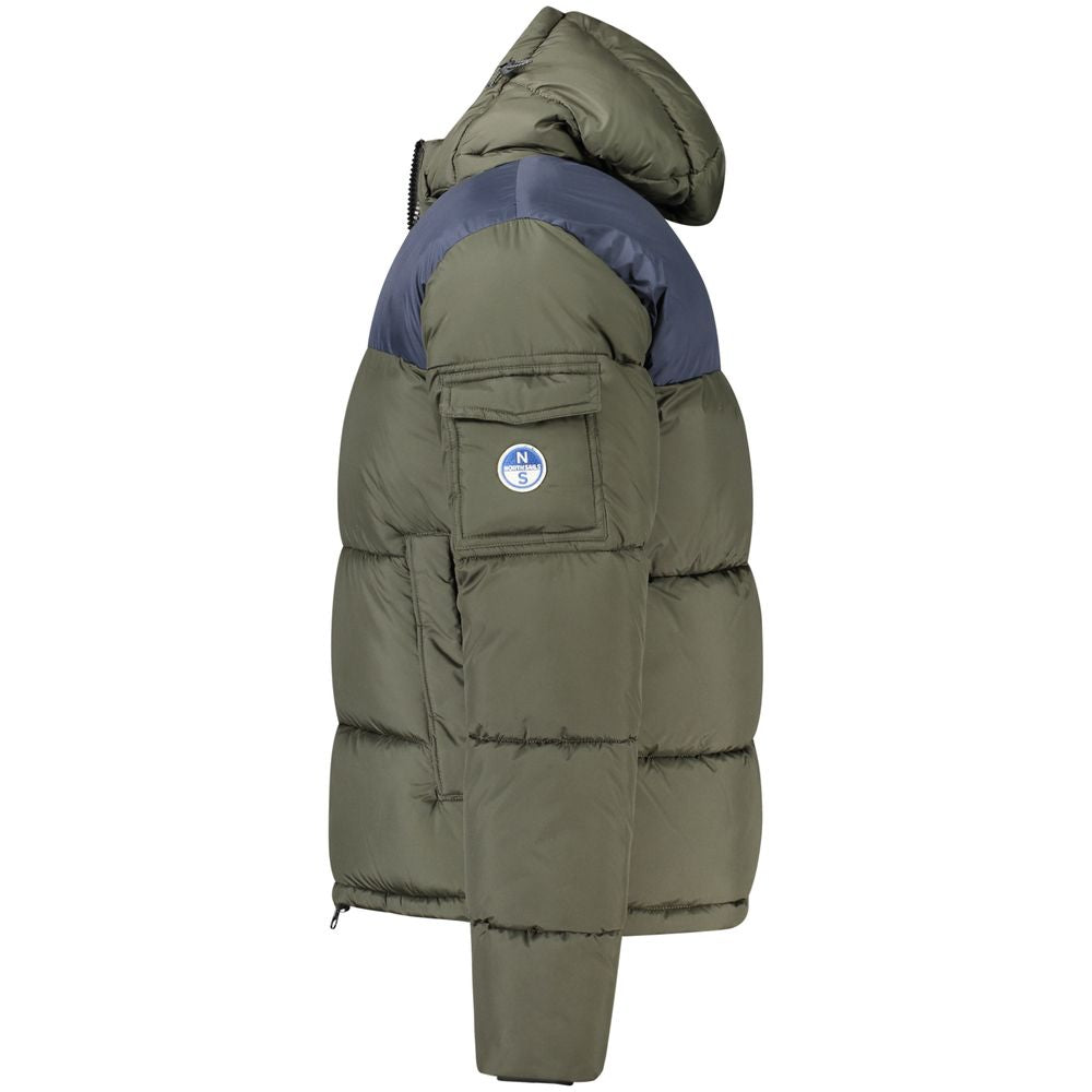 North Sails green polyester men's jacket with removable hood and multiple pockets, side view.