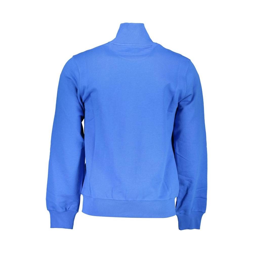 Back view of La Martina blue cotton men's zip-up sweater for casual wardrobe with sleek design and signature embroidery.