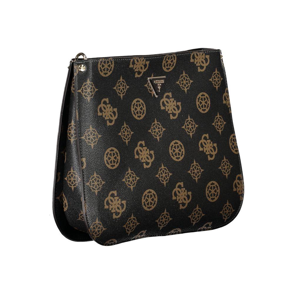 Guess Jeans brown polyethylene handbag with adjustable shoulder strap, internal pocket, contrast details, and zip closure.
