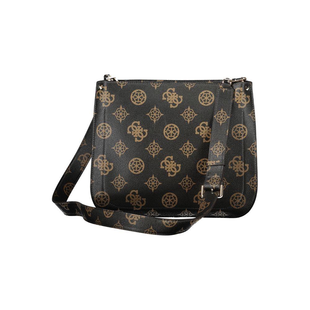 Guess Jeans brown polyethylene handbag with adjustable strap, internal pocket, contrast details, and zip closure featuring logo print.