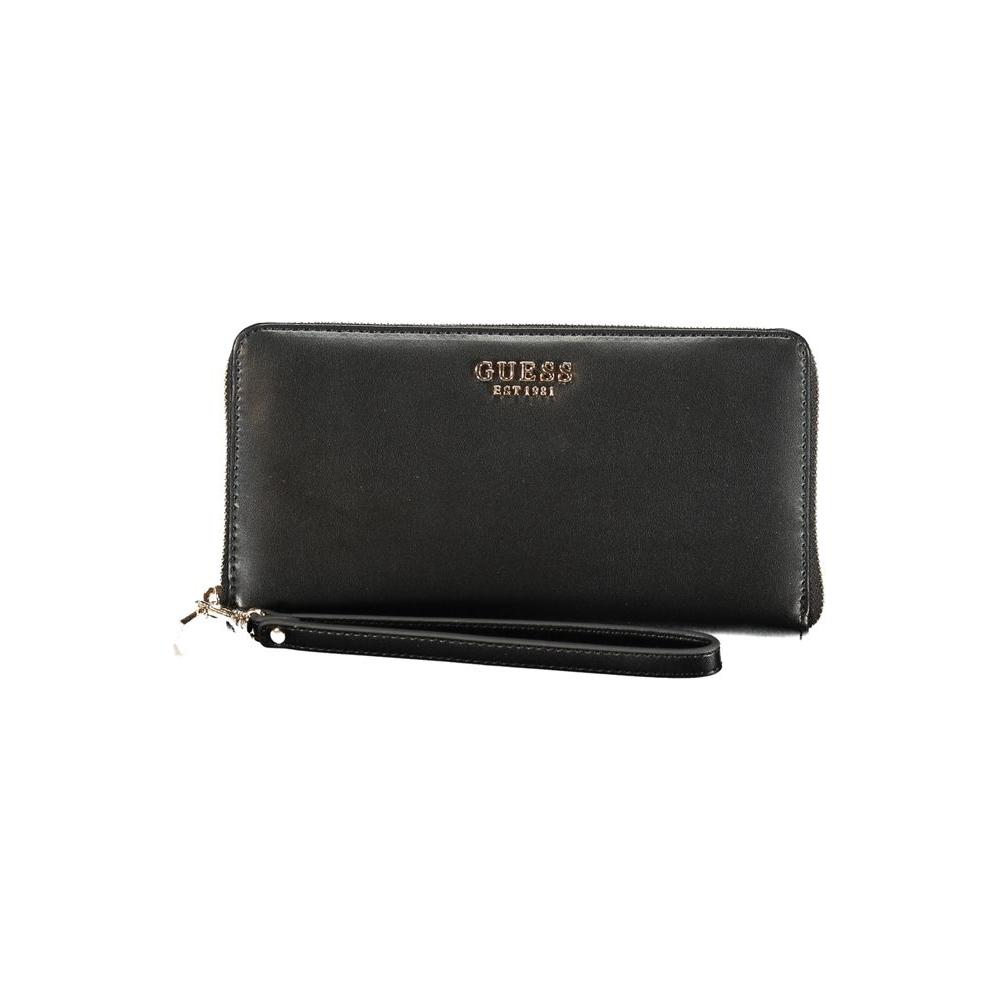 Guess Jeans black polyethylene wallet with zip closure, two compartments, coin purse, double card spaces, and removable drawer.