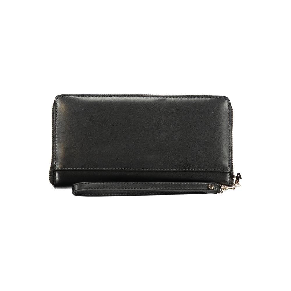 Guess Jeans black polyethylene wallet with dual compartments, coin purse, card spaces, zip closure, and removable drawer. Laurel SLG design.