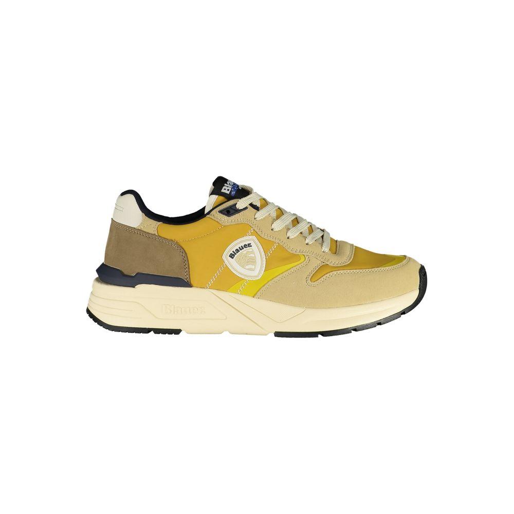 Blauer men's beige sneaker with mustard yellow accents and logo, stylish and comfortable design.