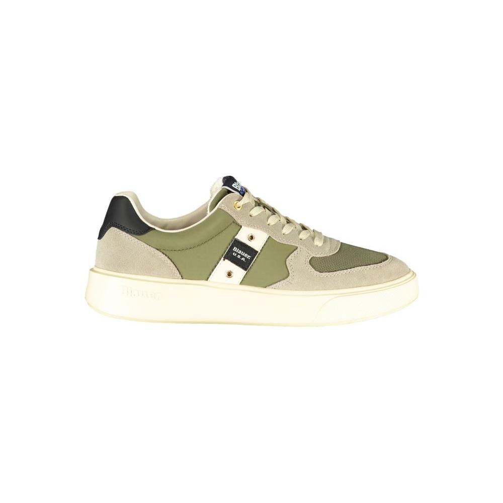 Blauer green leather men's sneaker with contrasting details and iconic logo, featuring a durable polyester, leather, and polyethylene mix.