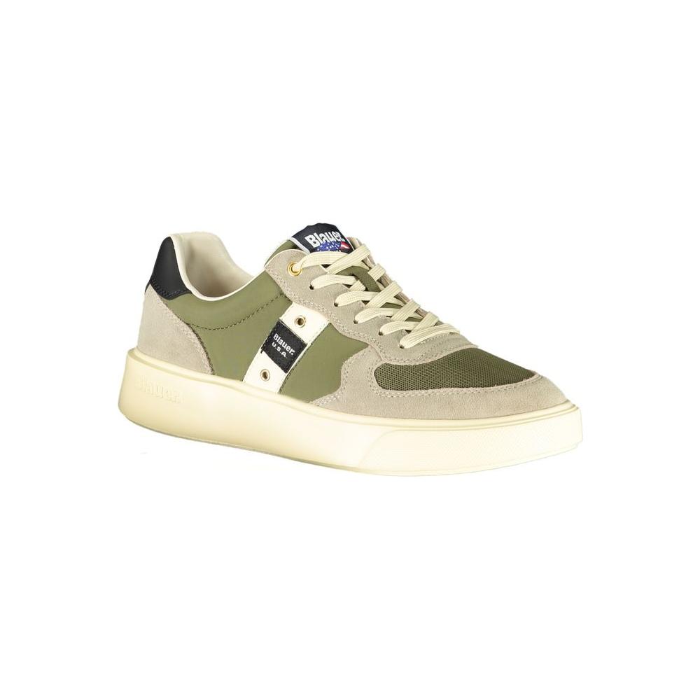 Blauer green leather men sneaker with contrasting details and logo, made of polyester, leather, and polyethylene for style and comfort.