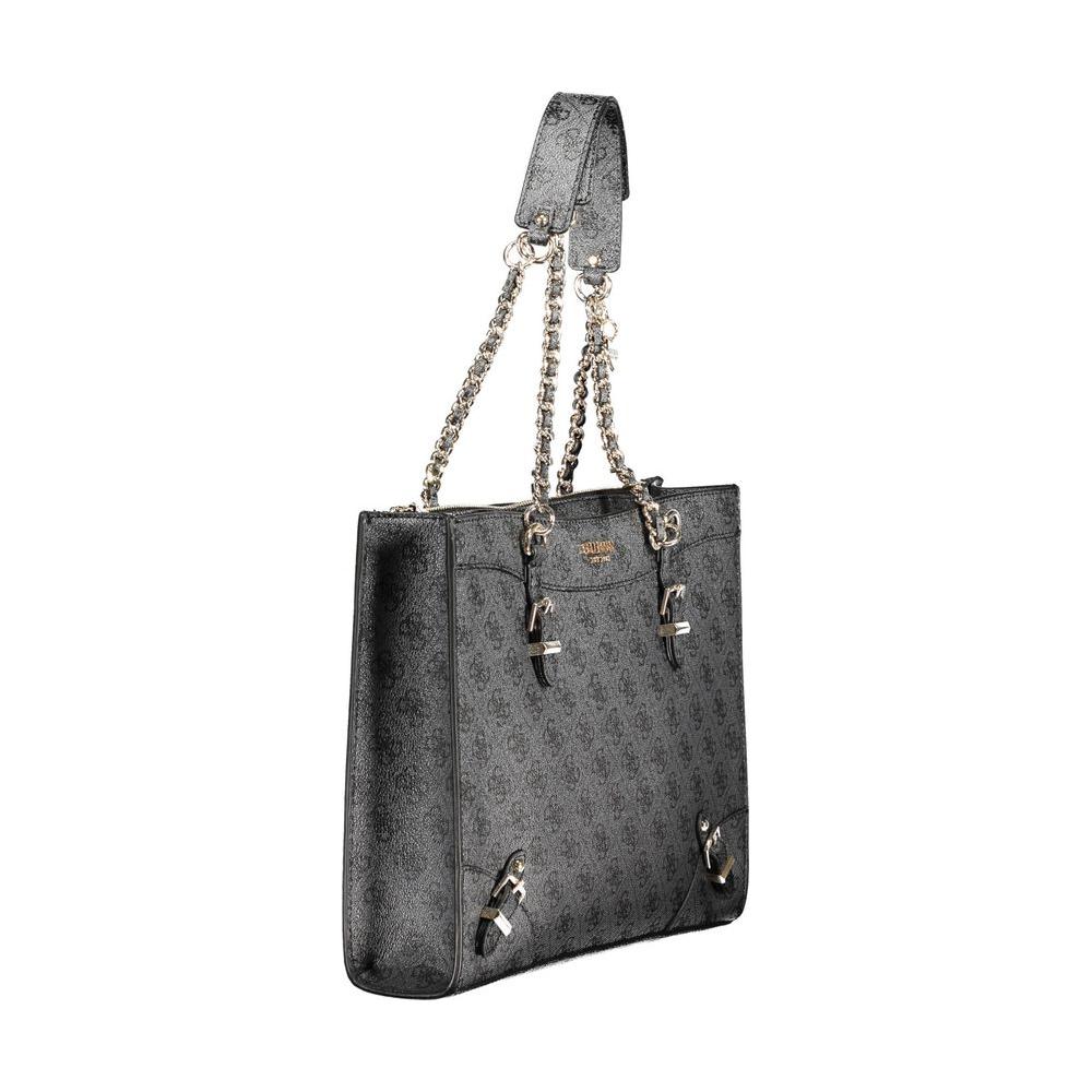 Guess Jeans black polyethylene handbag with chain handles and external pockets, urban chic design, women's fashion accessory.