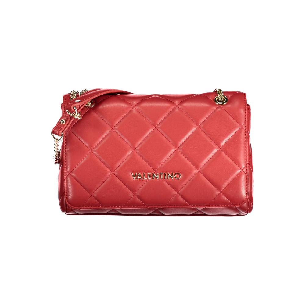 Valentino red polyethylene handbag with chain shoulder handles, two internal pockets, zip and snap closure, and logo detail.