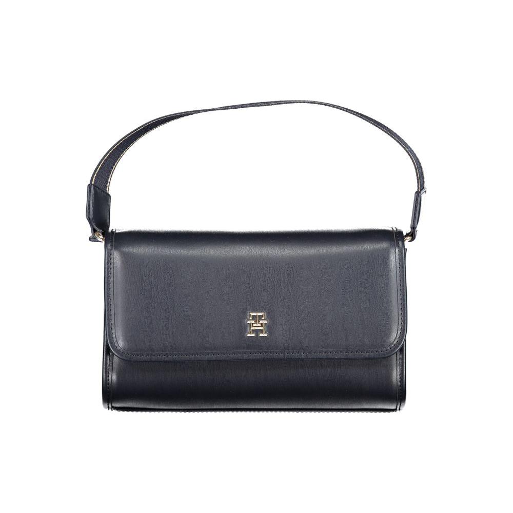 Tommy Hilfiger blue polyethylene handbag with shoulder handle, internal pocket, snap closure, and logo on the front.