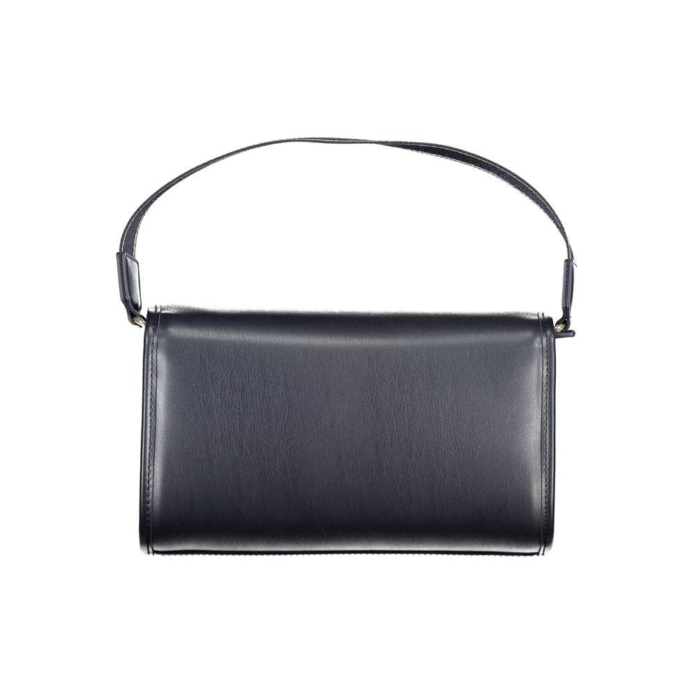 Tommy Hilfiger blue polyethylene handbag with shoulder handle, internal pocket, snap closure, and logo.