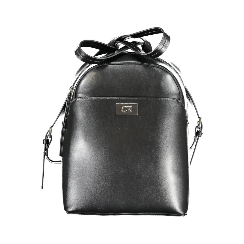 Calvin Klein black polyester backpack with one handle, adjustable straps, external and internal pockets, and zip closure.