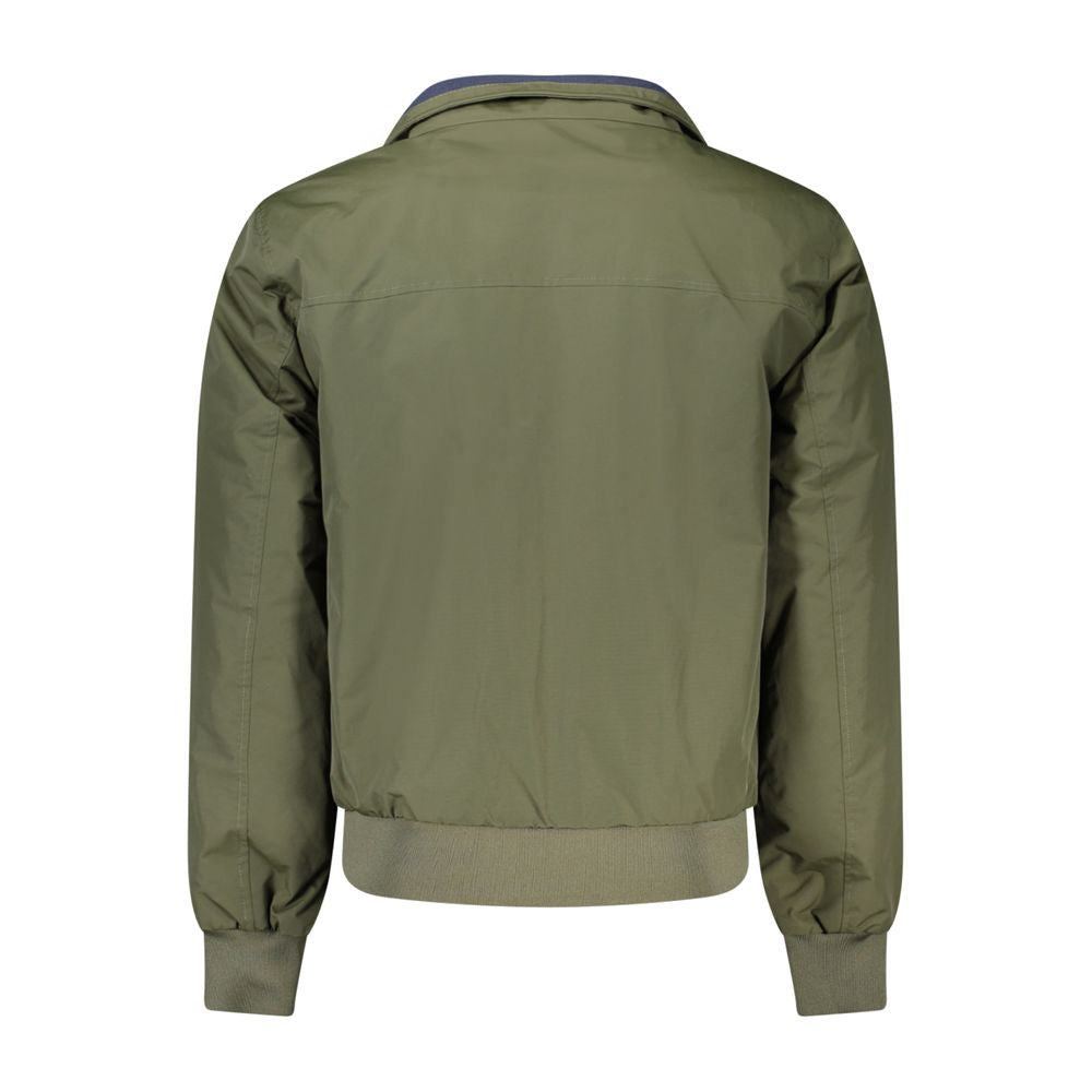 Rear view of North Sails green polyamide men's jacket with fleece lining, showcasing sustainable fashion made from recycled materials.