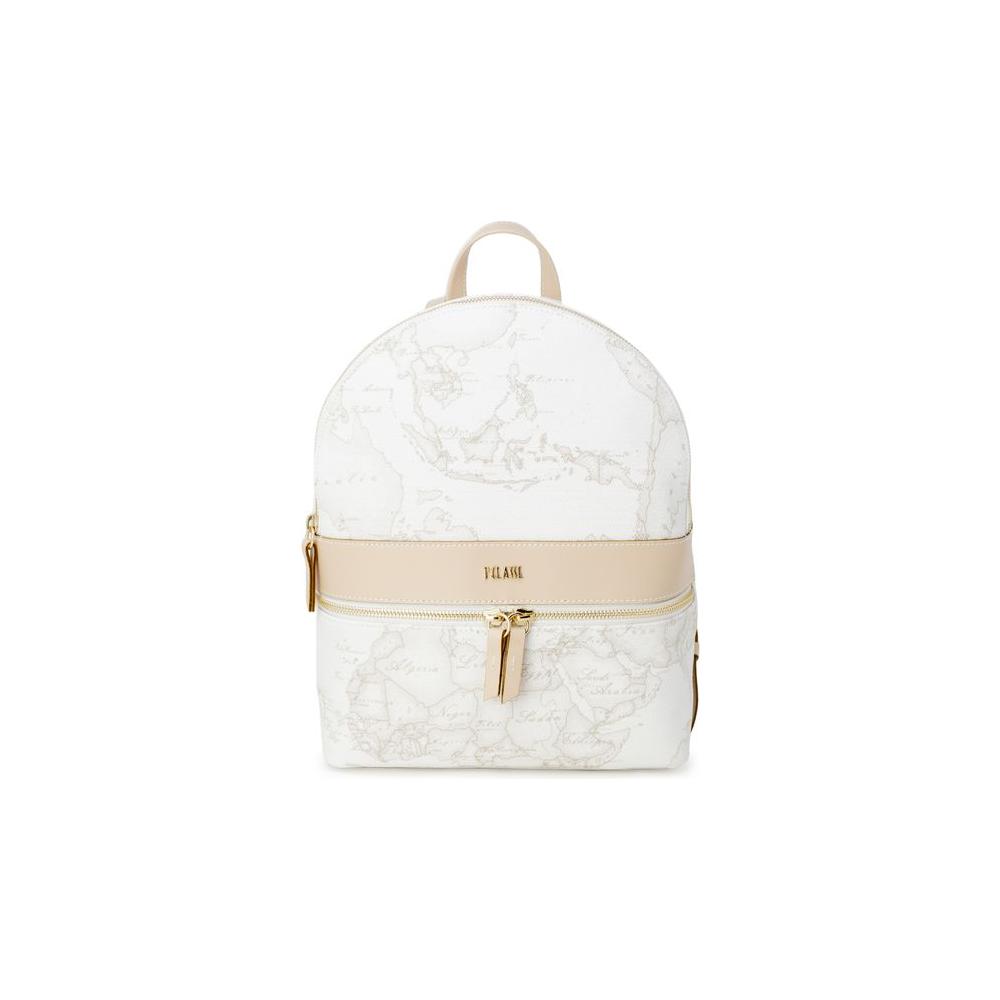 Alviero Martini Prima Classe women's white leather backpack, spring/summer collection, featuring a map design, front view.