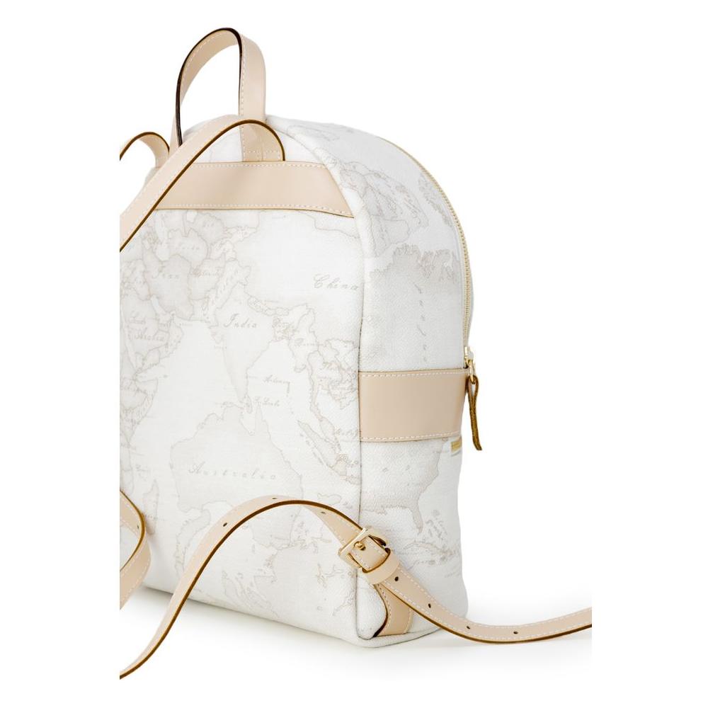 Alviero Martini Prima Classe white leather backpack for women, spring/summer collection, side view with world map design, height 29cm.